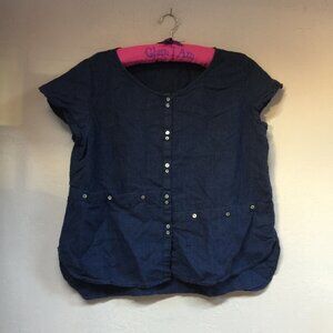 Vivid Linen Top Women's Large Short Sleeve Button Up Blouse Shirt Dark Blue